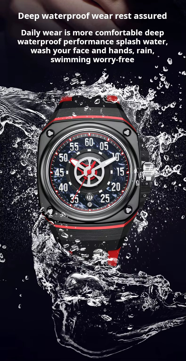 Motorsport-inspired sport-luxury waterproof watch with black and red dial splashing in water