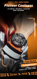 Motorsport-inspired skeleton dial watch with black case and rubber strap, worn with a sporty jacket.