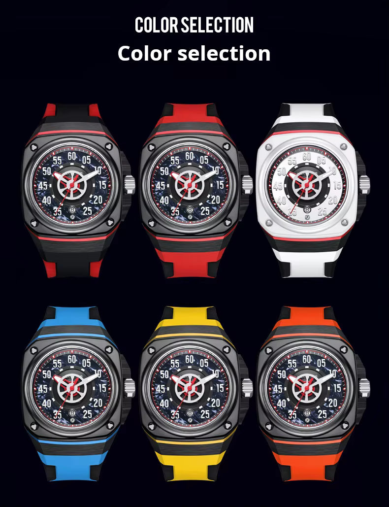Motorsport-inspired sport-luxury watches in six colors with bold dials and chronograph features.