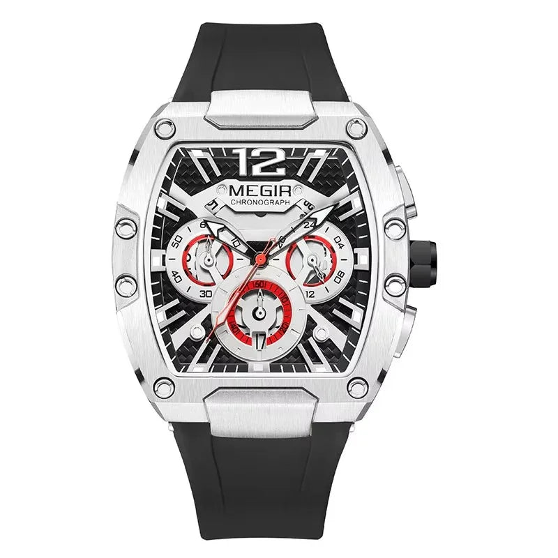 Motorsport-inspired luxury chronograph watch with bold silver case, black rubber strap, and red accents.