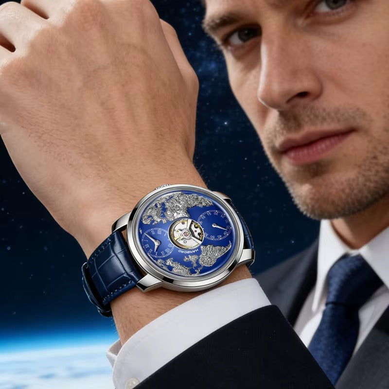 Luxury European-inspired blue dial watch with world map design on man's wrist, suit background