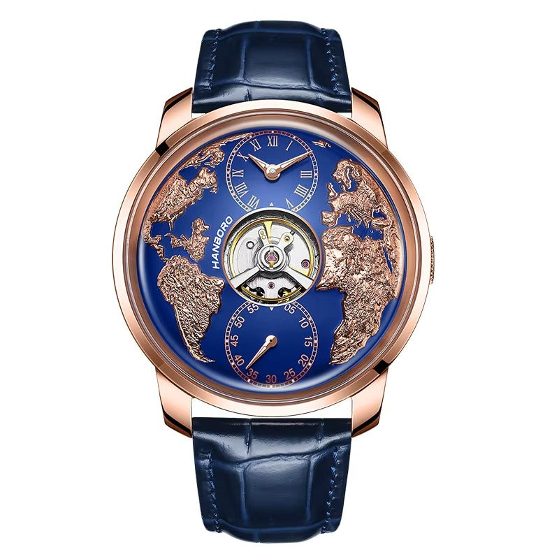 Luxury sport-inspired blue dial watch with gold world map design and blue leather strap