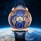 Luxury blue and gold world map watch with a mechanical open-heart dial, European sport-inspired design.