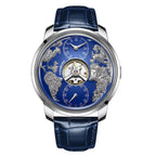 Luxury sport-inspired watch with blue dial, world map relief, chronograph subdials, blue leather band