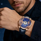 Man wearing a blue and gold luxury homage watch with open-heart dial and world map design.