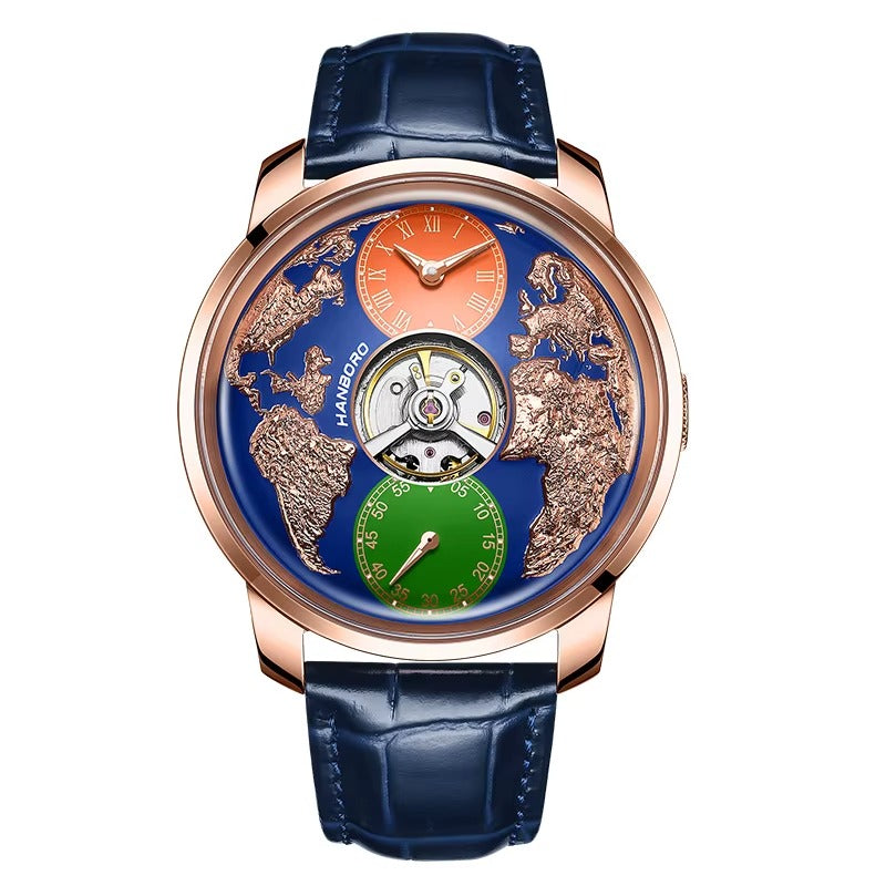 Luxury blue leather strap watch with world map, dual dials, and rose gold case, motorsport-inspired.