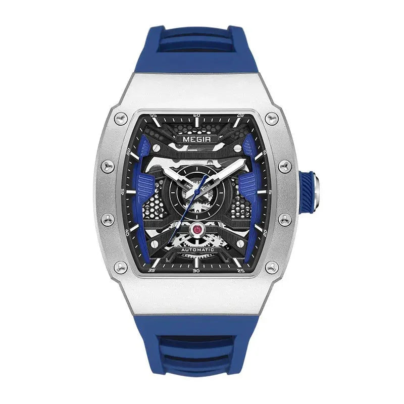 Luxurious sport-inspired watch with tonneau case, skeleton dial, blue strap, and racing accents