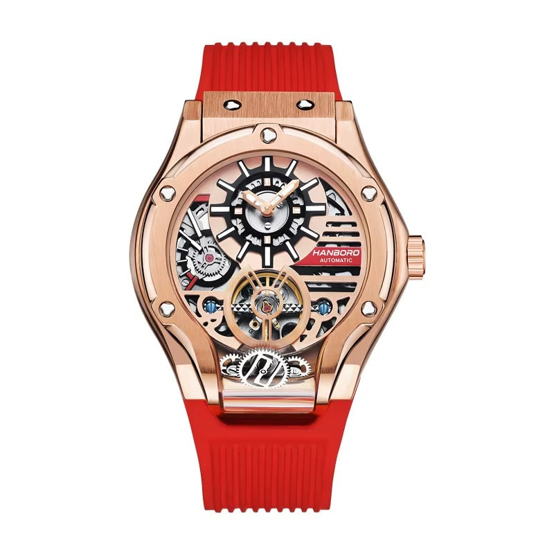 Luxury skeleton automatic watch with rose gold case, visible gears, and red sport strap