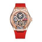 Luxury skeleton automatic watch with rose gold case, visible gears, and red sport strap