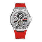 Luxury racing-inspired skeleton watch with red rubber strap and exposed automatic movement