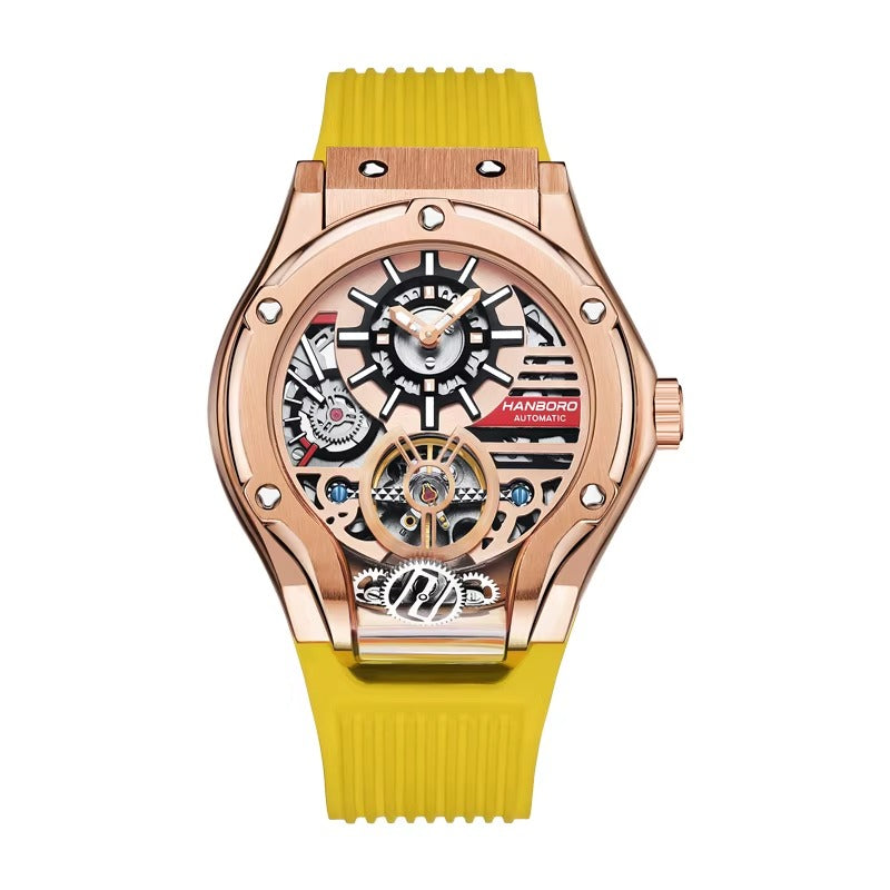 Luxury motorsport-inspired skeleton watch with rose gold case and yellow strap, automatic movement