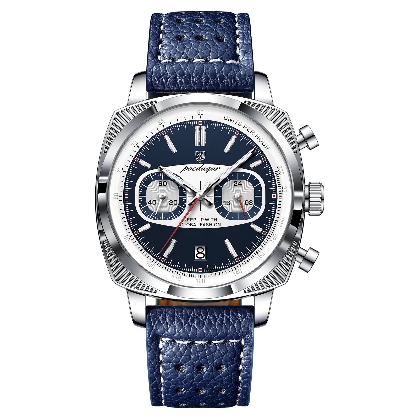Luxury chronograph watch with blue perforated strap, motorsport-inspired design, bold dial, and sport-luxury style